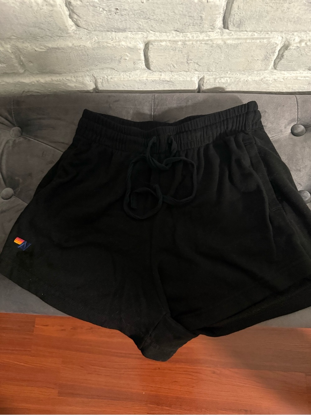 Aviator Nation Black Women's Athletic Drawstring Shorts with Rainbow Patch